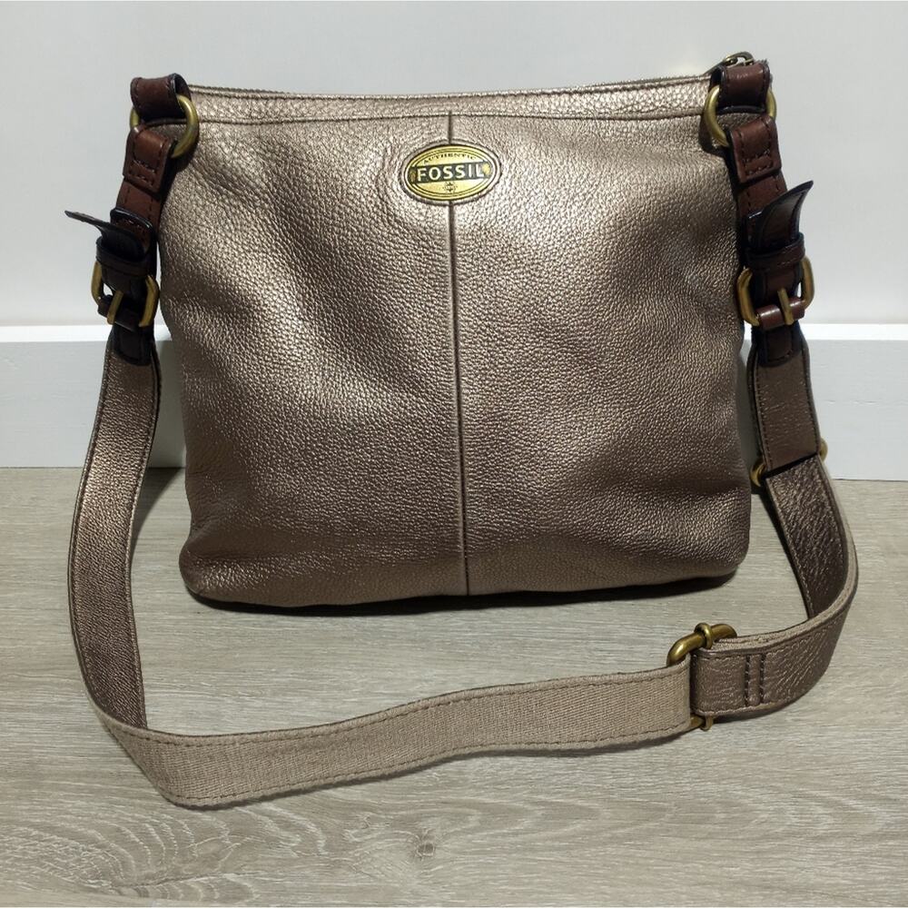 Fossil Explorer Pewter Gold Metallic Leather Crossbody Bag Purse